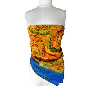 France Boutique Hand Painted Silky Scarf Abstract Psychedelic Orange Blue Green